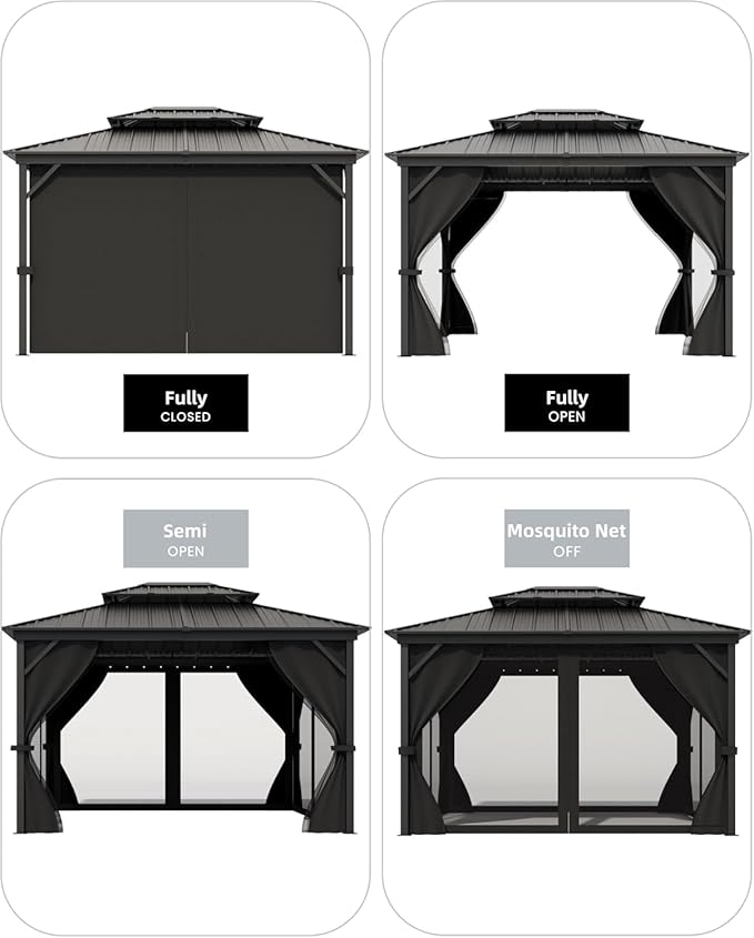 GAOMON Hardtop Gazebo 10'x14' for All Weather, with Double Metal Roof, Aluminum Alloy Frame, Net, and Curtain, Permanent Building of Backyard Luxury for Patio, Deck, Backyard, Lawn, and Garden, Gray