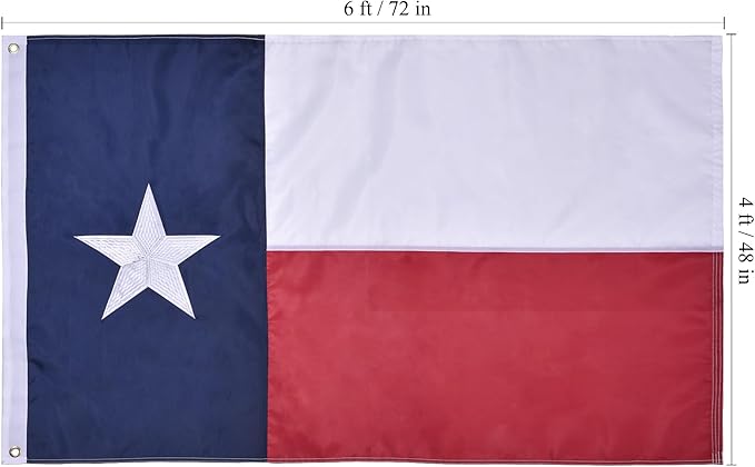 Texas State Flag 4x6 Ft, Deluxe Embroidered Heavy Duty Polyester Durable TX Flag with Sewn Stripes and Brass Grommets for Indoor/Outdoor Use