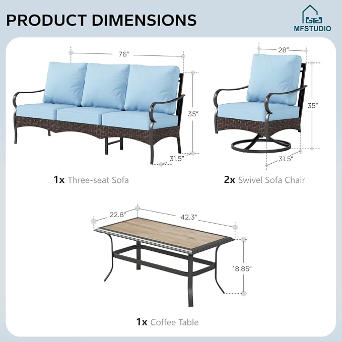 MFSTUDIO 4 Pieces Outdoor Patio Furniture Set, Metal Outdoor Conversation Set, Rattan Wicker Patio Sectional with 2 x Swivel Single Sofa, 3-Seat Sofa, 1 x Coffee Table, Blue