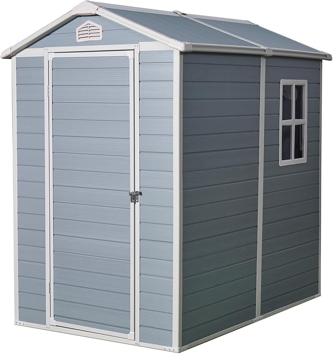 4x6ft Outdoor Storage Shed, Resin Patio Furniture Storage with Lockable Door, All-Weather,Garden Shed Kit with Reinforced Floor & Natural Light Window,UV Protection, (Gray, 4x6ft)