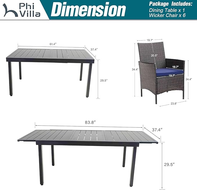 PHI VILLA 7 Pieces Outdoor Dining Set for 6, Expandable Rectangular Metal Table & Wicker Chairs with Cushions, Large Furniture Set for Patio, Deck, Yard, Porch