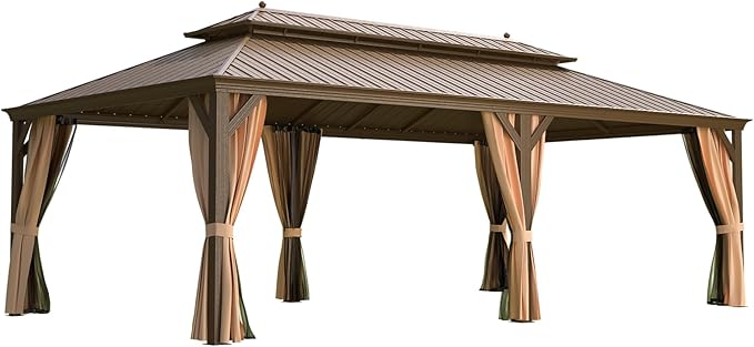 YOLENY 14'x24' Hardtop Gazebo,Galvanized Steel Double Roof Gazebos with Aluminum Frame, Permanent Metal Pavilion with Netting and Curtains for Patio Backyard Deck and Lawns