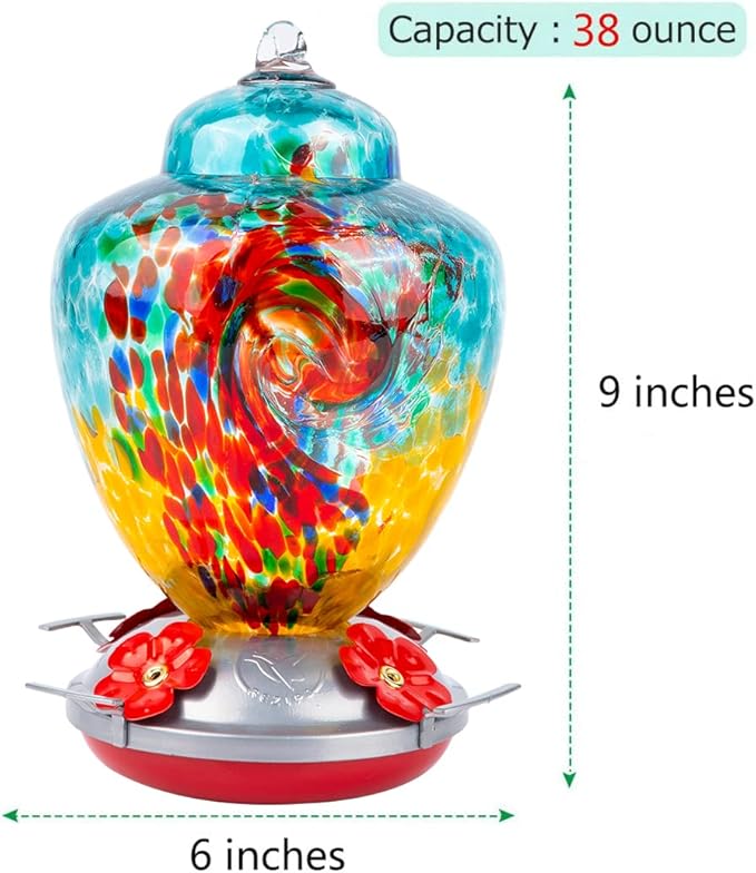 REZIPO Hummingbird Feeder with Perch - Hand Blown Glass - 38 Fluid Ounces Hummingbird Nectar Capacity Include Hanging Wires and Moat Hook (Half Green)