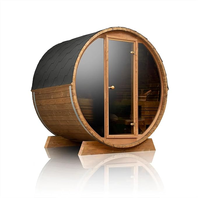 Outdoor Wooden Full Glass Door Barrel Sauna, 4 Person Sauna Room 220V, 6kw ETL Electric Heater, Accessories and Asphalt Shingle Roof (Cedar) (Cedar, 1)