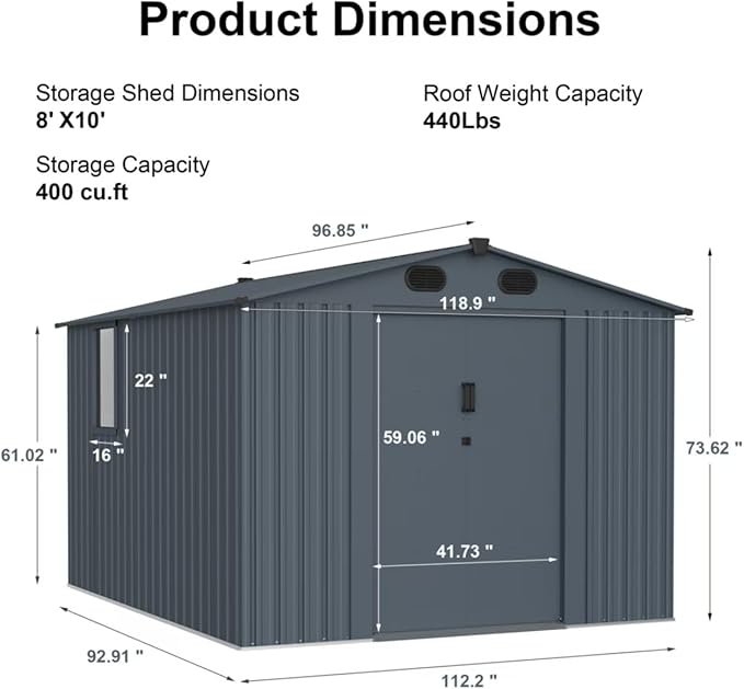 Outdoor Storage Shed, Metal Garden Shed with Double Doors, Galvanized Steel, Waterproof and Rustproof (8x10 FT Metal Shed)