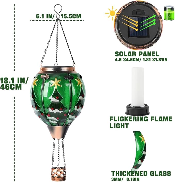 Solar Powered Hot Air Balloon Lantern - Christmas Tree Glass Lantern, Simulated Flickering & Dancing Flame, Outdoor Hanging Yard Light Waterproof IP65 for Patio Lawn Porch New Year Decor Gift