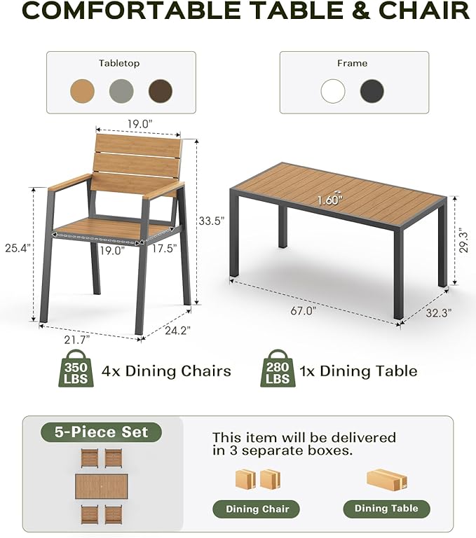 Outdoor Dining Set, Patio Table and Chairs of 4, Aluminum Outdoor Furniture Set with Umbrella Hole, HDPS Patio Dining Table Set for 4 (Gray-Teak)