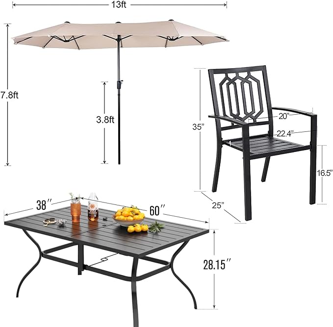 PHI VILLA Patio Dining Set 8 PCS with 13ft Double-Sided Patio Umbrella(Beige),Metal Outdoor Dining Set - 6 x Outdoor Stackable Chairs, 1 x 60"x38"Rectangle Dining Table and 1 Umbrella