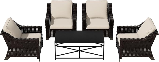 Vista Vibe 5 Pieces Outdoor Rattan Patio Conversation Furniture Set - 4 Wicker Chairs | Steel Coffee Table, Premium & Washable Cushions, Living Room, Poolside (Brown/Beige)