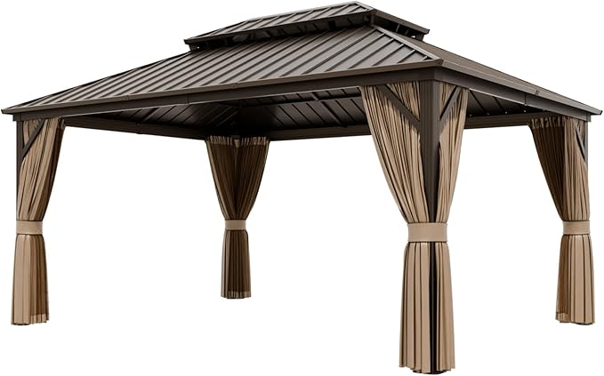 COOS BAY 12x16 Hardtop Gazebo with Aluminum Frame, Galvanized Steel Double Roof Outdoor Pavilion with Netting and Curtains, Dark Brown/Tan