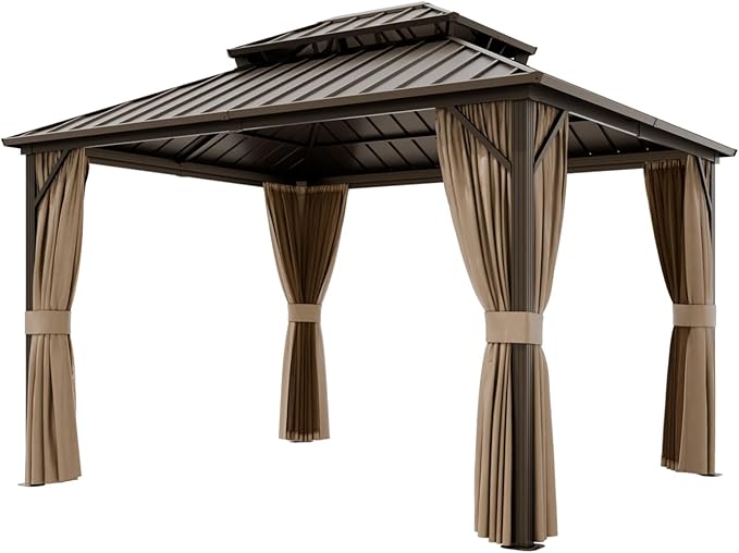 COOS BAY 12x10 Hardtop Gazebo with Aluminum Frame, Galvanized Steel Double Roof Outdoor Pavilion with Netting and Curtains, Dark Brown/Tan
