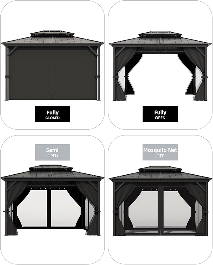 GAOMON Hardtop Gazebo 10'x14' for All Weather, with Double Metal Roof, Aluminum Alloy Frame, Net, and Curtain, Permanent Building of Backyard Luxury for Patio, Deck, Backyard, Lawn, and Garden, Gray