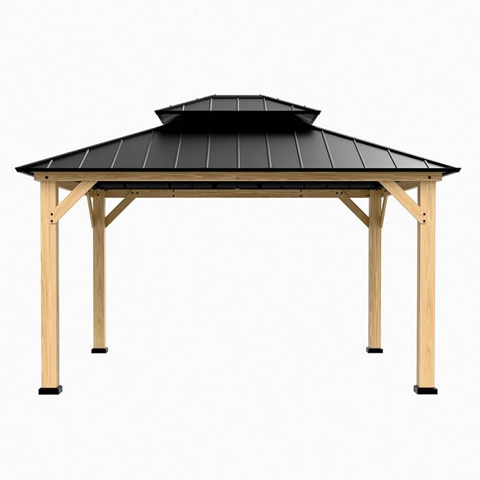COOS BAY 11x13 Hardtop Gazebo with Cedar Wood Frame, Galvanized Steel Double Roof Outdoor Pavilion for Garden, Lawn, Poolside, Patio, Deck, Natural Wood/Black