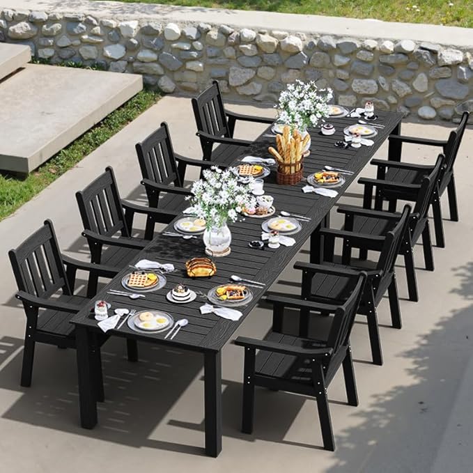 YEFU HIPS Patio Table Set: 10 Piece Outdoor Table and Chairs Dining Furniture Set with Umbrella Hole - Black Modern Plastic Dining Sets 8 Person for Outside Deck with Metal Aluminum Frame