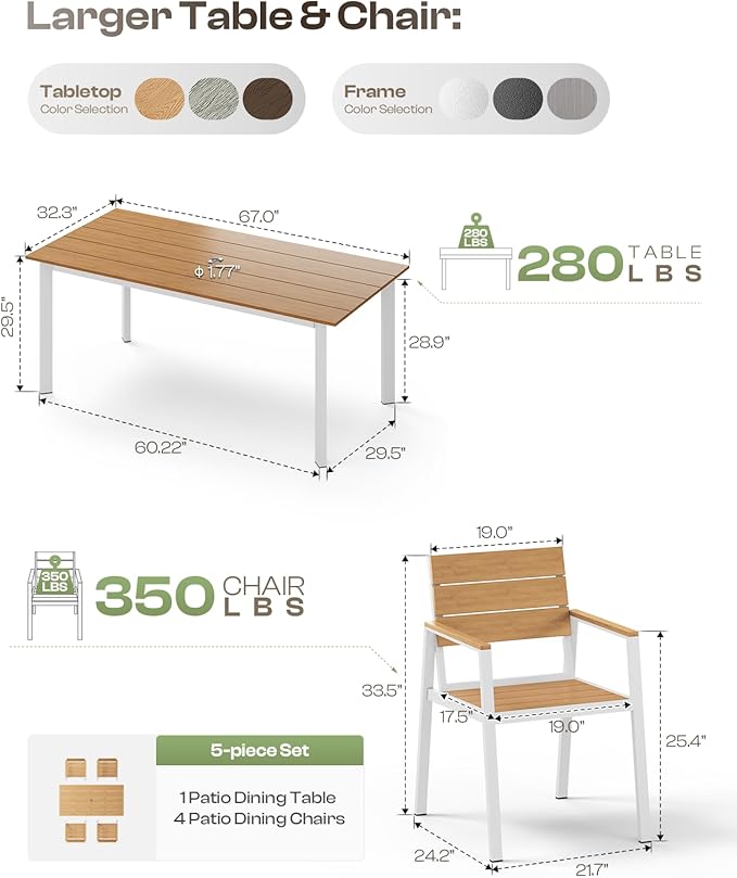 Outdoor Dining Set for 4, Patio Table and Chairs Set with Umbrella Hole, 5 Pieces HDPS Outdoor Furniture Sets for Patio, Garden, Backyard (White & Teak)