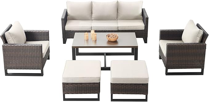 Rilyson Wicker Outdoor Patio Furniture Set - 6 Piece Patio Conversation Set with 2 Armrest Chairs,2 Rattan Ottoman,1 Couch and 1 Metal Side Table for Outside Porch Deck Backyard(Brown/Beige)
