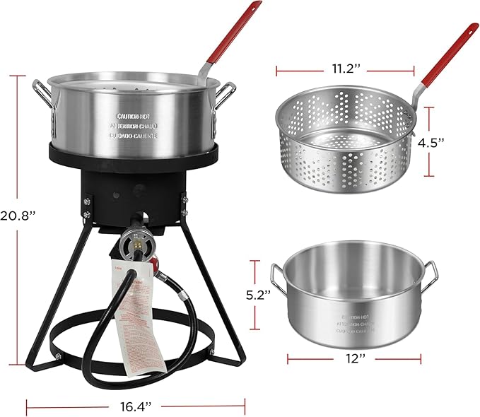 Red Mountain Valley 10.5 Qt Outdoor Propane Fish Fryer Pot Kit with Aluminum Strainer Basket, Thermometer for Boiling and Frying, 50,000 BTU Burner, 0-5 PSI Regulator, Full CSA Approved Fish Cooker