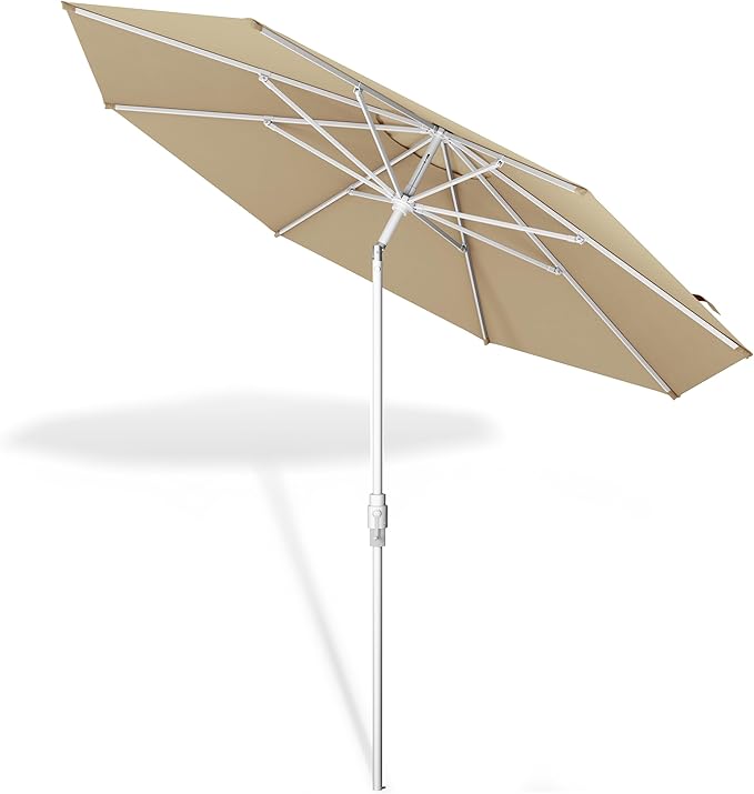 Midtown Umbrellas The Swilt 8 Feet Patio Umbrella in Sunbrella Heather Tan Acrylic Fabric - Fiberglass Ribs, Auto-Tilt Aluminum Frame For Backyard, Deck, Garden, Pool - White Pole