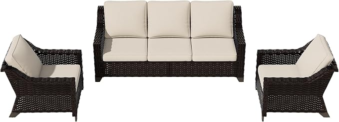 Vista Vibe 3 Pieces Outdoor Patio Conversation Furniture Set - 78" 3-seat Sofa | 2 Wicker Chairs, Deep Seat Loveseat, Removable Cushions, Hand-Woven PE Rattan Couch, Balcony (Brown/Beige)