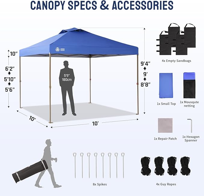 CROWN SHADES Gazebo 10x10 Pop Up Canopy with Mosquito Netting, Screen Tent with 4 Ropes, 8 Stakes, 4 Sandbags and Wheeled Storage Bag, Canopy for Patio & Backyard, Blue