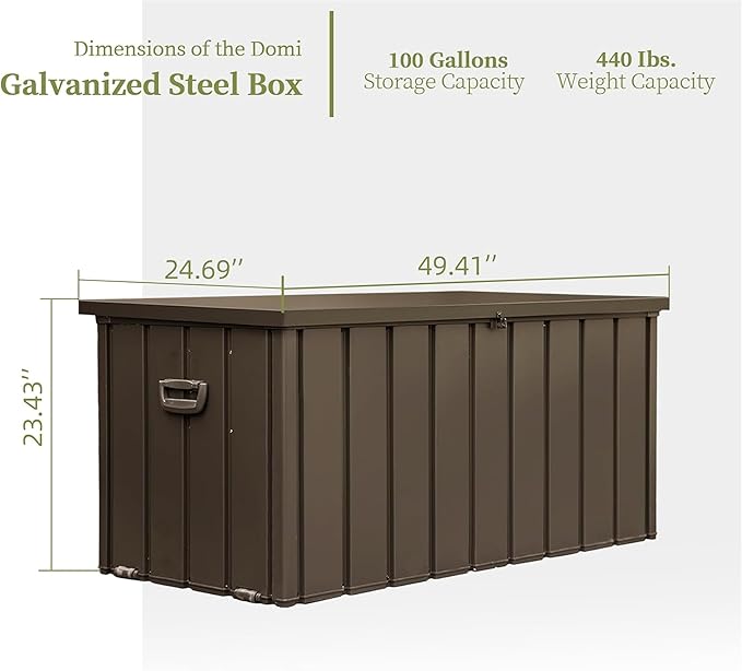 LANTRO JS 100 Gallon Metal Deck Box, Outdoor Storage Box Waterproof with Wheels, Lockable Storage Container for Patio Furniture Cushions Garden Tools, Dark Brown