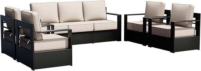 Outdoor Patio Furniture Set, 5-Piece Aluminum Patio Conversation Set All-Weather Metal Outdoor Sectional with 6 Inch Thick Cushions, Deep Setting for Garden, Outside and Porch