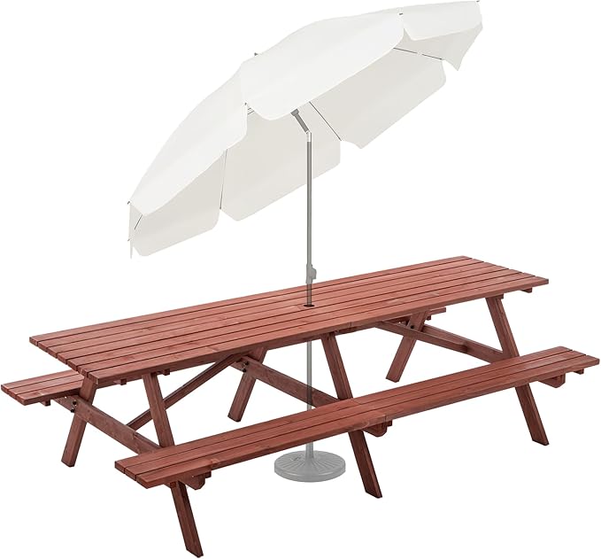 Picnic Table with Bench for 12 Person Rectangle Outdoor Wooden Outdoor Picnic Table for Patio Garden Backyard Large Outside Dining Table Set with Umbrella Hole
