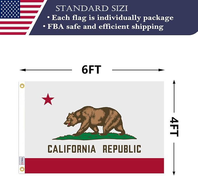 Double Sided Californian State Flag 4x6 Made in USA Outdoor Heavy Duty 3 Ply Polyester Californian Flags with White Starting Tape and 2 Brass Grommets