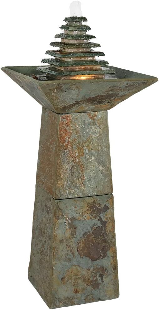 Sunnydaze 40-Inch Slate Outdoor Water Fountain - Layered Pyramid Outdoor Water Feature with LED Lights for Patio, Deck, Garden