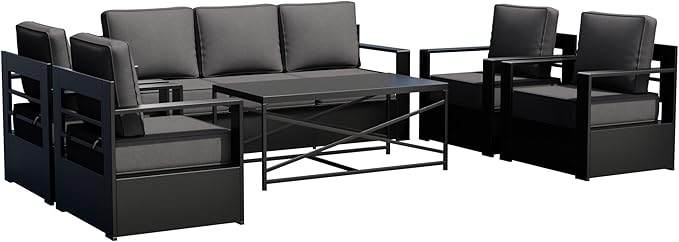 Outdoor Patio Furniture Set, 6-Piece Aluminum Patio Conversation Set All-Weather Metal Outdoor Sectional with 6 Inch Thick Cushions, Deep Setting for Garden, Outside and Porch
