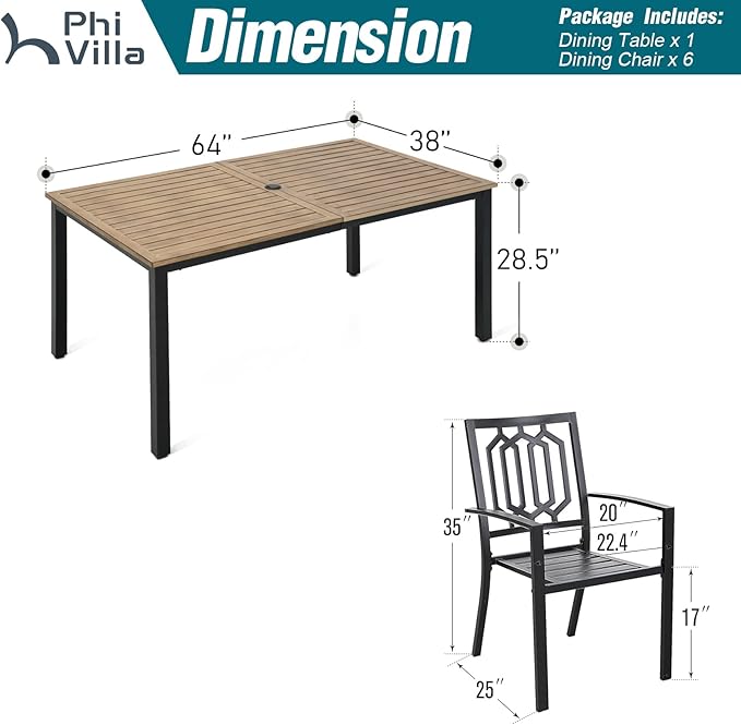 PHI VILLA Patio Dining Set Metal Table and Chairs Furniture 7 Piece, Large with Umbrella Hole 6 Backyard Garden Support 300LBS for Deck, Lawn, Garden, Black, 64'' x 38'' x 29''