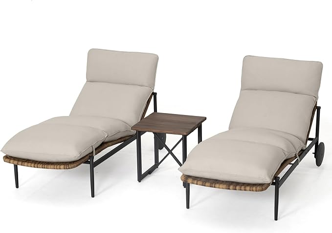 Chaise Lounge Chair Outdoor 3PCS - PE Rattan Wicker Patio Pool Lounge Chairs Set of 2 with Cushion and Wheels, Aluminum Waterproof Lounger with Wood Side Table for Poolside Backyard Porch