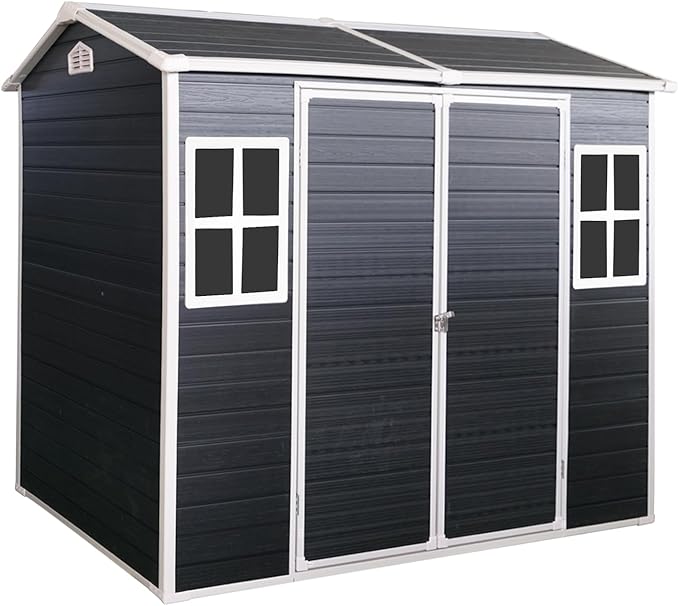 Outdoor Storage Shed with Two-Window and Double-Door, Resin Storage Shed with Lockable Door, Plastic Shed with Floor for Gargen, Patio, Yard, Lawn (Black, 8 x 4 FT)