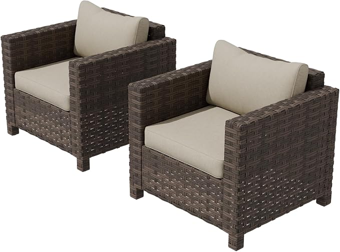 EAGLE PEAK Harbor Haven 2 Piece Wicker Patio Chair, Deep Seating Armchair, Weather Resistant Outdoor Furniture for Patio, Deck, Garden, Brown/Beige