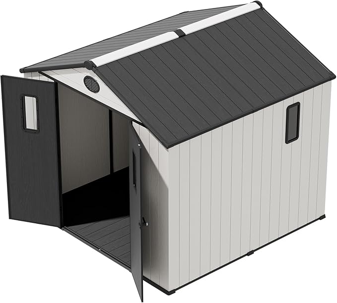 COOS BAY 8x8 Outdoor Resin Storage Shed with Floor, 2 Lockable Doors, All-Weather Durable Garden Shed for Tools & Equipment, White/Gray