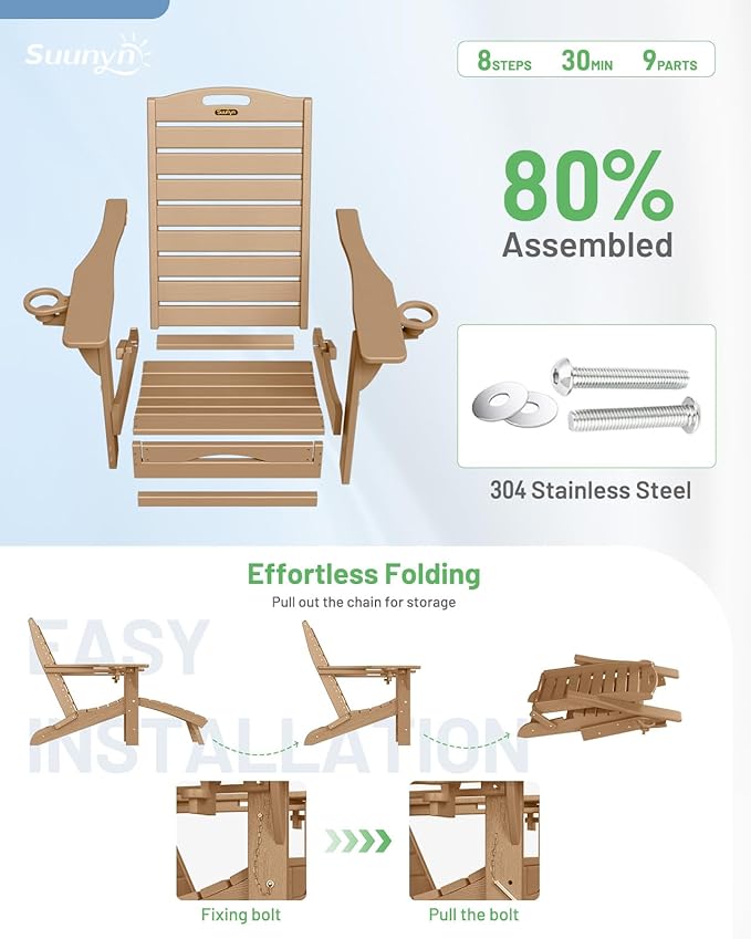 Folding Adirondack Chairs Set of 6,Adirondack Chair with Retractable Ottoman,Plastic Adirondack Chairs with 2 Cup Holder,Weather Resistant Patio Chair,Outdoor Chairs Set of 6(Teak)