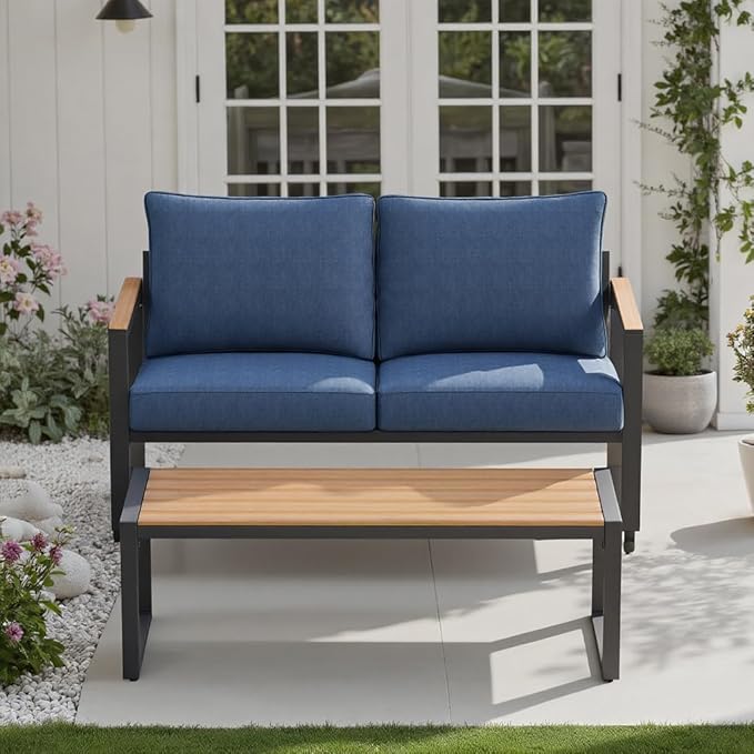 Outdoor Furniture Set, Patio Loveseat and Coffee Table, Outdoor Conversation Chair Sets for Balcony Backyard Park Garden, Blue