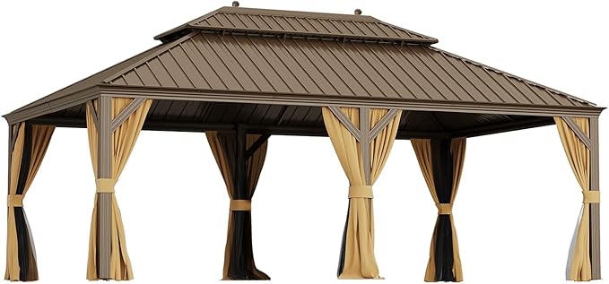 YOLENY 12'x22' Hardtop Gazebo, Galvanized Steel Double Roof Canopy with Aluminum Frame Permanent Metal Pavilion with Netting and Curtains for Patio Backyard Deck and Lawns