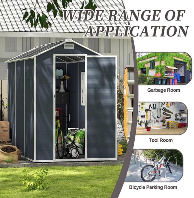 4x8 FT Resin Outdoor Storage Shed with Floor and Window, Outside Waterproof Plastic Garden Sheds w/Lockable Door & Vents, All-Weather Tool House for Patio, Backyard, Lawn, Dark Gray