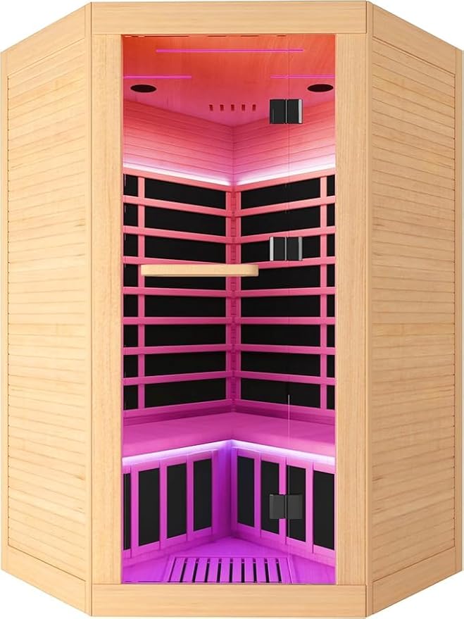 Corner Sauna for 2-3 Person Far Infrared Saunas Room Home Canadian Hemlock Indoor 2180W Low-EMF Dry Saunas with 7 Color Therapy 47.2 * 47.2 * 74.8inch