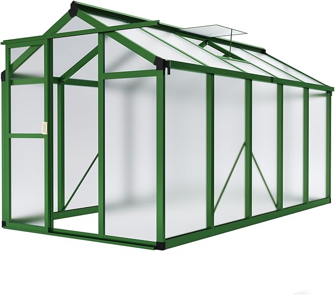 6x10 ft Greenhouse, Large Aluminum Greenhouses for Outdoors, Heavy Duty Polycarbonate Greenhouse with Roof Vent, Walk-in Green Houses for Winter Garden, Backyard, Patio, Lawn, Easy Assembly