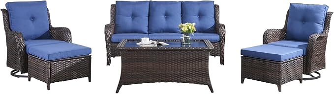 HUMMUH Patio Furniture 6 Pieces Outdoor Furniture Set Wicker Outdoor Sectional Sofa with Swivel Rocking Chairs,Patio Ottomans,Patio Coffee Table