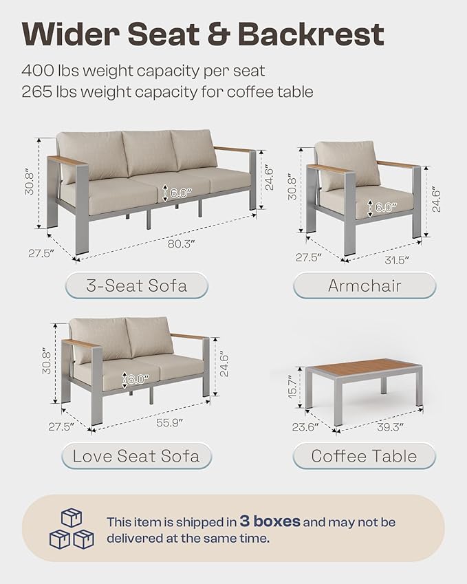 Aluminum Outdoor Patio Furniture Set with Coffee Table, 4 Piece Patio Conversation Sets with Washable Thick Cushions, Outdoor Sectional Furniture Set for Porch, Balcony, Deck, Silver