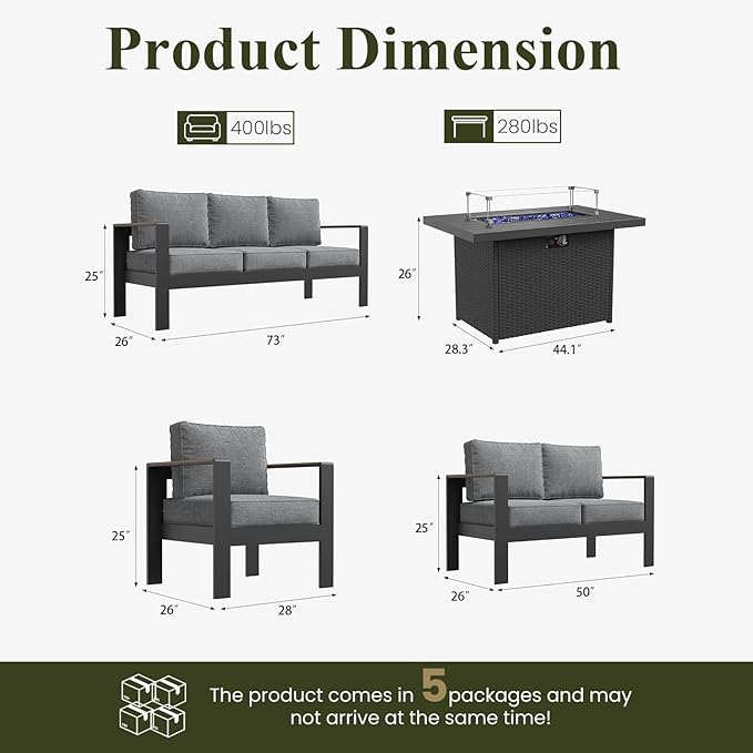 LayinSun 7 Piece Aluminum Outdoor Furniture Set with Fire Pit Table, Outside Patio Deep Seating Conversation Set with Upgraded Washable Thick Cushion