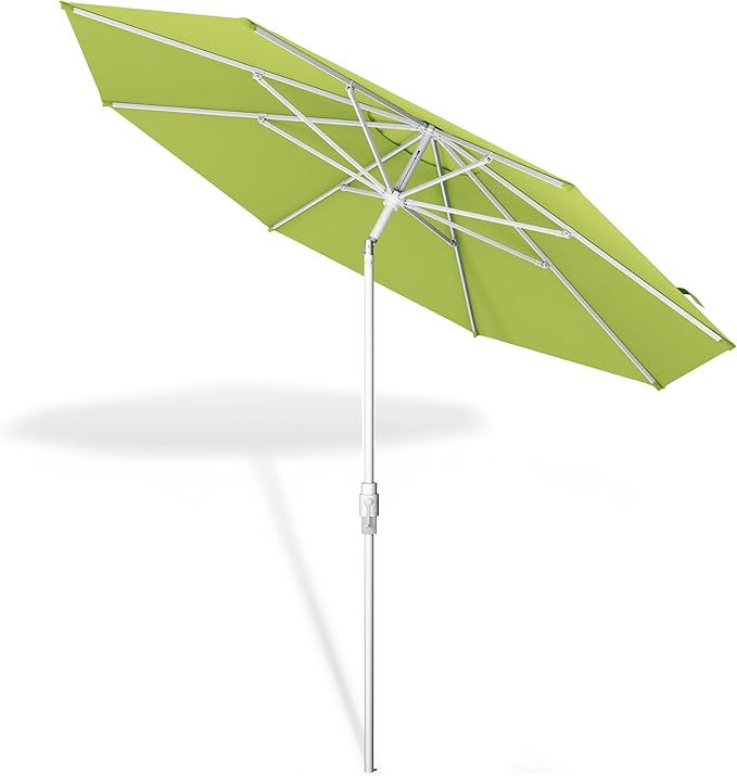 Midtown Umbrellas The Swilt 9 Feet Patio Umbrella in Sunbrella Macaw Acrylic Fabric - Fiberglass Ribs, Auto-Tilt Aluminum Frame For Backyard, Deck, Garden, Pool - White Pole