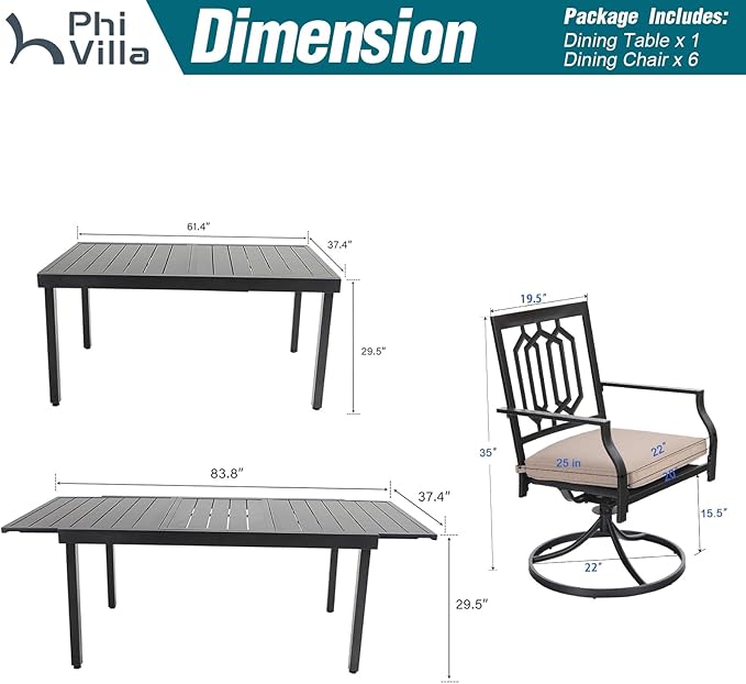 PHI VILLA 7 Piece Patio Dining Set,1 Extendable Dining Table and 6 Swivel Patio Dining Chairs Support 300 lbs for Outdoor Backyard Bistro Furniture Set with Cushion