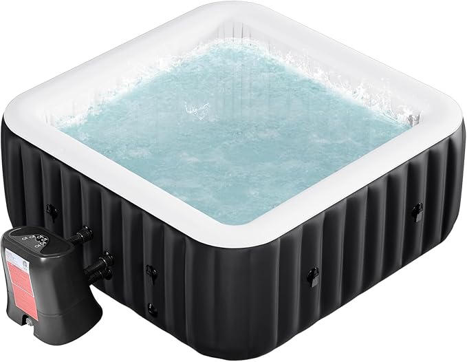 4-6 Person Inflatable Hot Tub, Large Square Blow Up Portable Hot Tub, Leak-Proof PVC Outdoor Spa with 130 Air Jets, Insulated Cover and Heater Pump, 73” X 73”X 25”