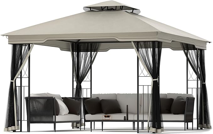 11x13 Outdoor Patio Gazebo with Mosquito Netting and Corner Frame Screen Wall, Double Roofs Metal Frame Party Canopy Tent Shelter for Backyard Garden Deck - Tan
