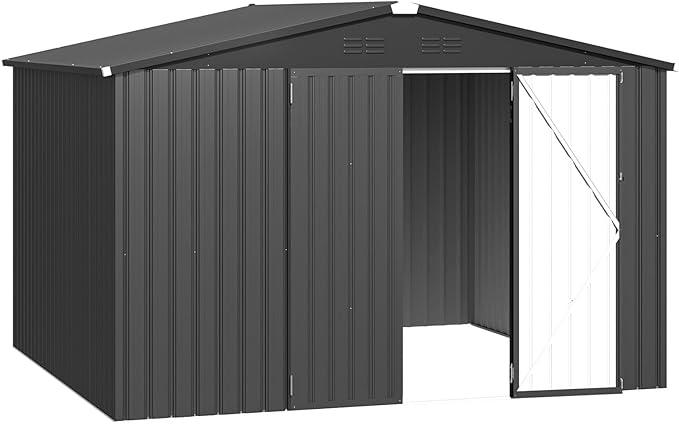 AECOJOY Shed 8' x 10' Outdoor Storage Metal Shed, Dark Grey Steel Yard Shed with Design of Lockable Doors, Utility and Tool Storage for Garden, Backyard, Patio, Outside use