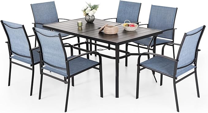 Patio Dining Set 7 Piece Outdoor Furniture Set with Metal Patio Dining Table with Umbrella Hole for Deck Garden Backyard Lawn Poolside